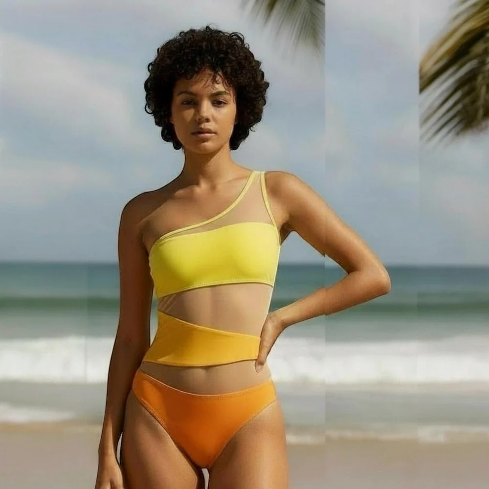 Colorblock One Shoulder Mesh‎ Cutout One Piece Swimsuit Yellow Orange High Leg L